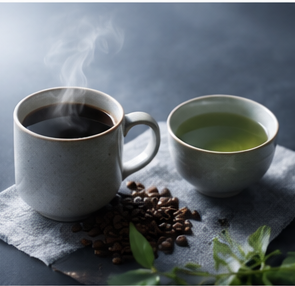 コーヒーと緑茶のカップ