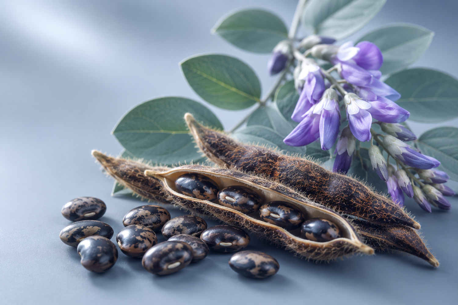 ムクナ豆（八升豆）の莢と種子、紫色の花
