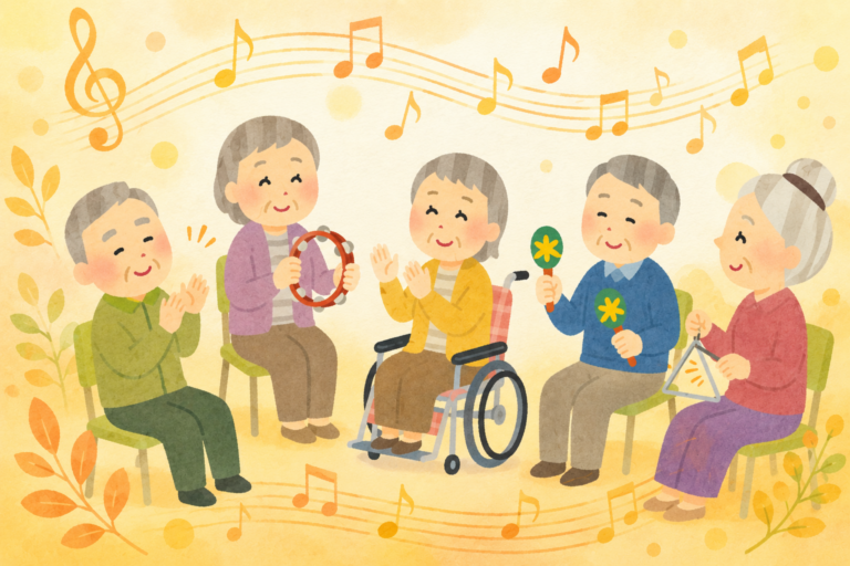 高齢者が楽器で音楽を楽しむ様子のイラスト（音楽脳トレ）
