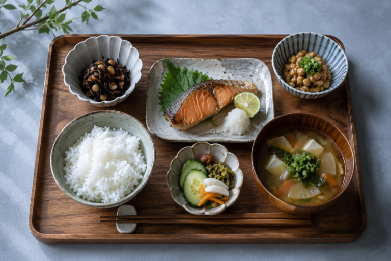 和食の一汁三菜（ご飯・焼き魚・味噌汁・納豆・ひじき・ぬか漬け）